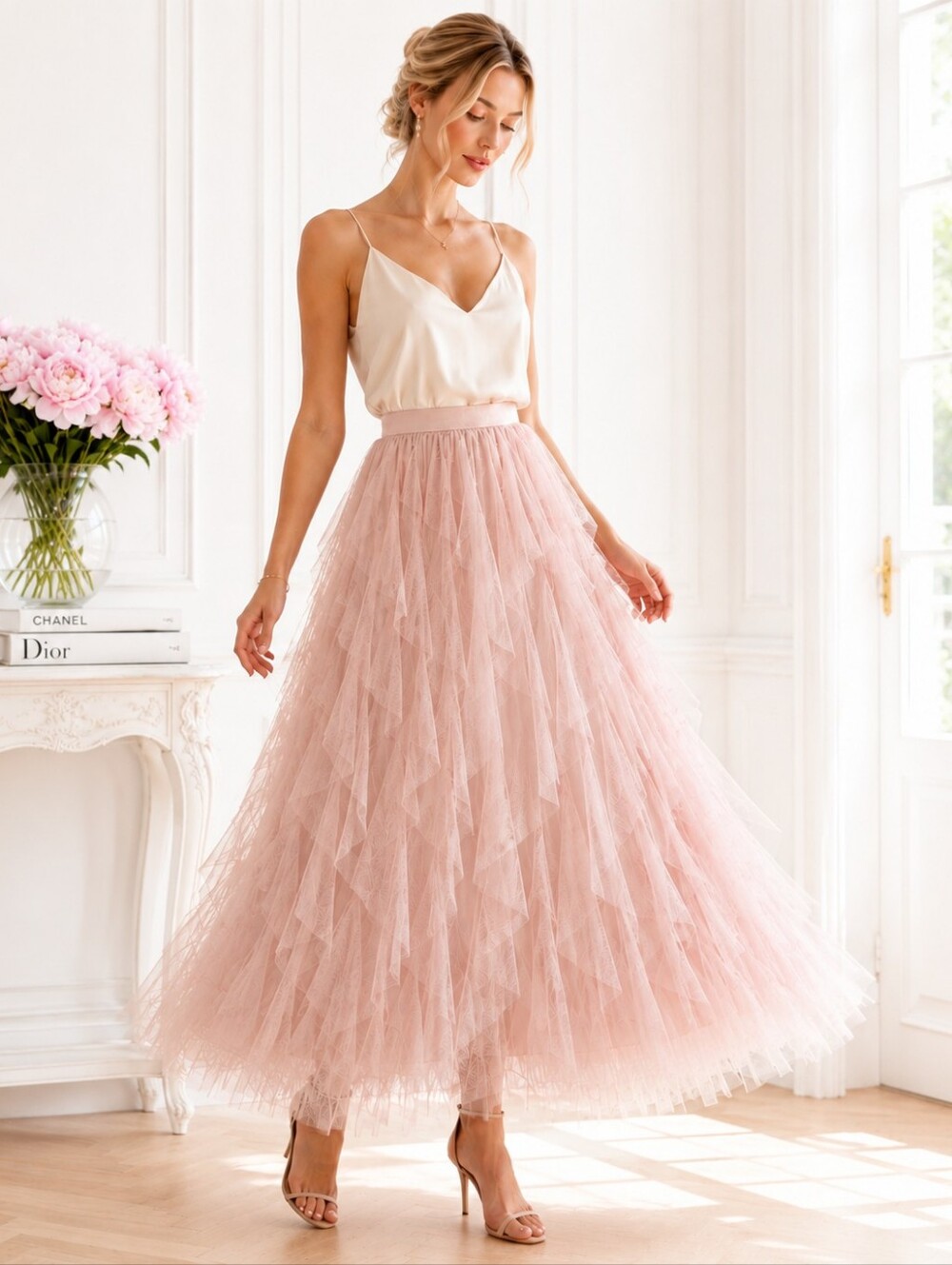 NWT Soho Apparel Pink Tiered Tulle Lace Maxi Skirt Size Large